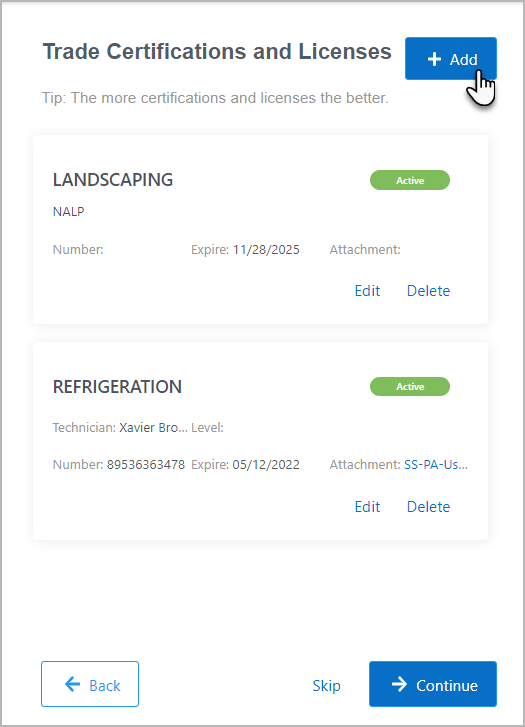 Add button allows you to add certificates and licenses