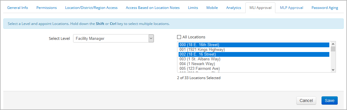 Enabling MLI approval permissions for a user on the user profile page in the Admin module