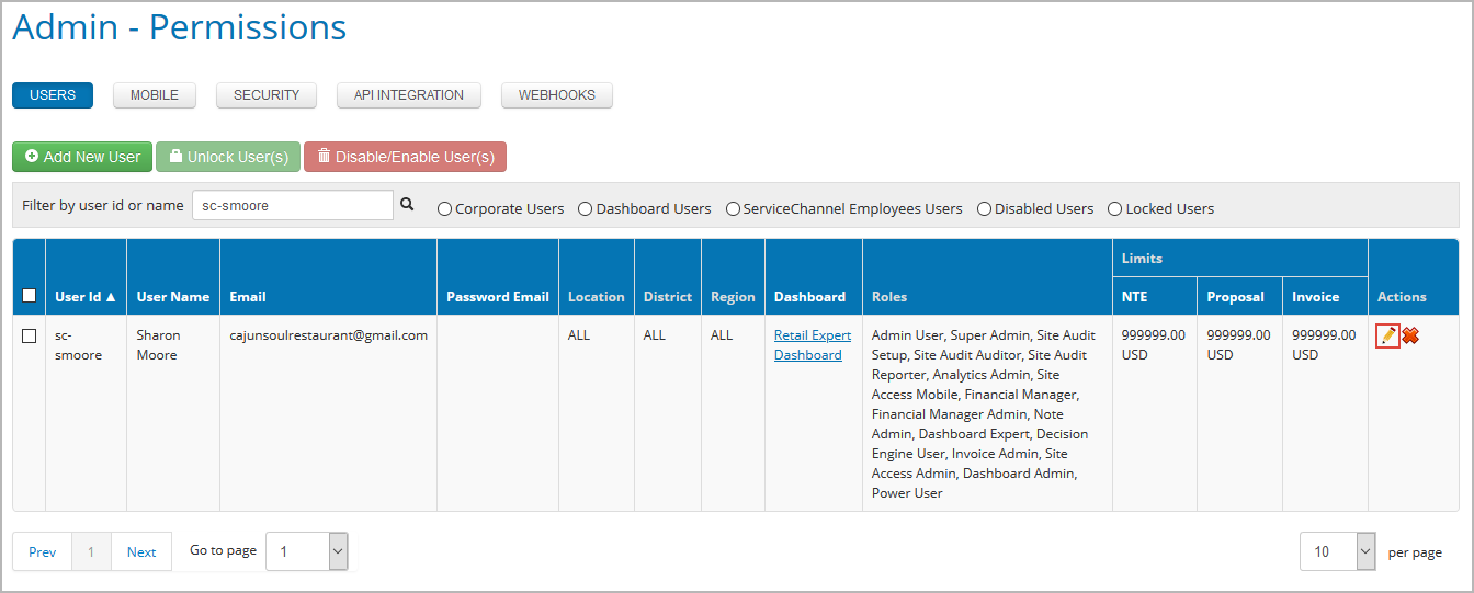 User details on the Users page in the Admin module