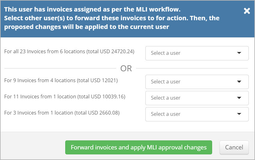The overlay for reassigning invoices to other users when you delete an MLI user who has invoices pending their action