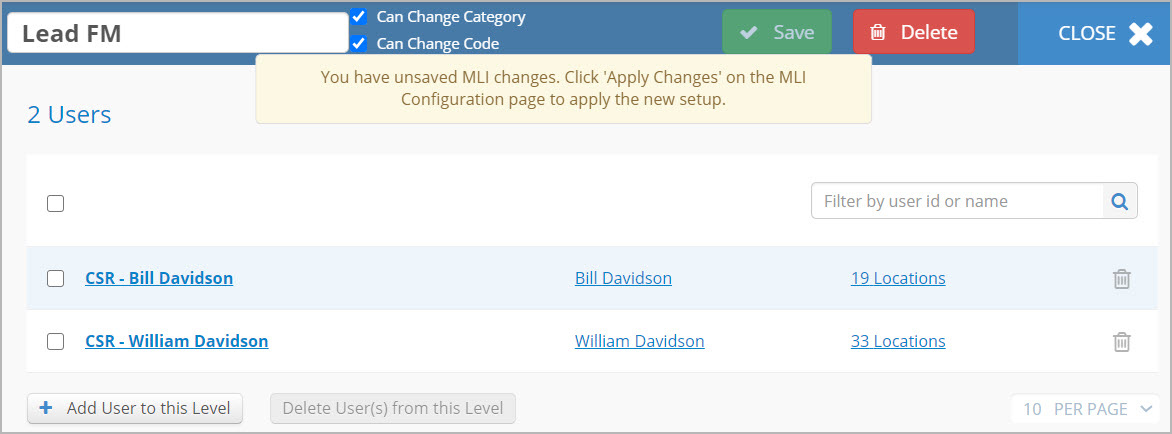 The MLI Level page with the new name of the MLI level and a message reminding you to apply the changes