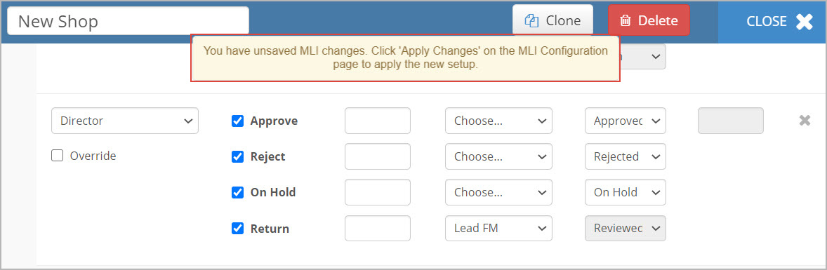 The updated MLI Rule Set page and the message reminding you to apply the changes