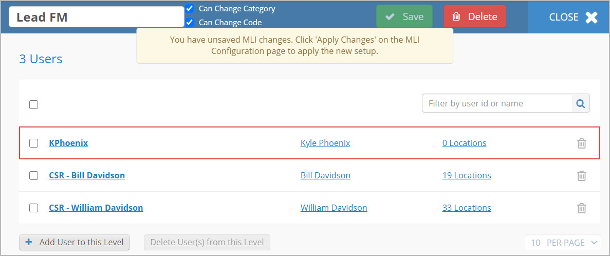 The MLI Level page with the new user added to the selected MLI level