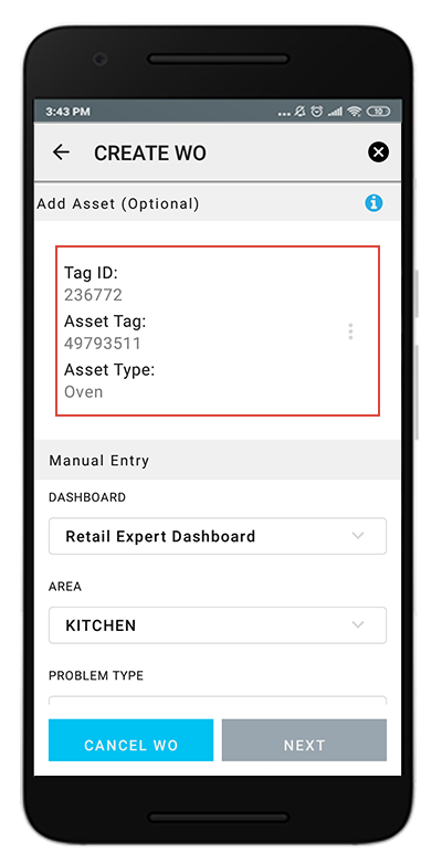 Asset details that populate on the WO creation form once you associate your WO with the asset