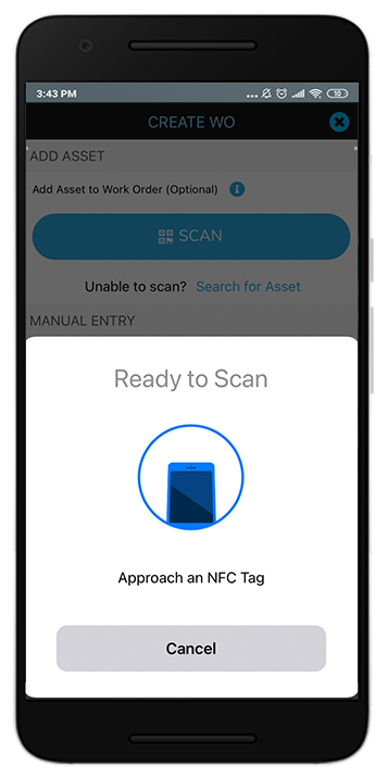 Scanning an NFC tag of an asset to create a work order 
