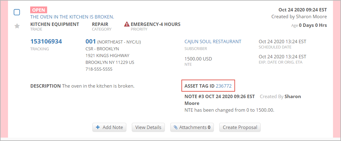 Asset tag ID on the work order