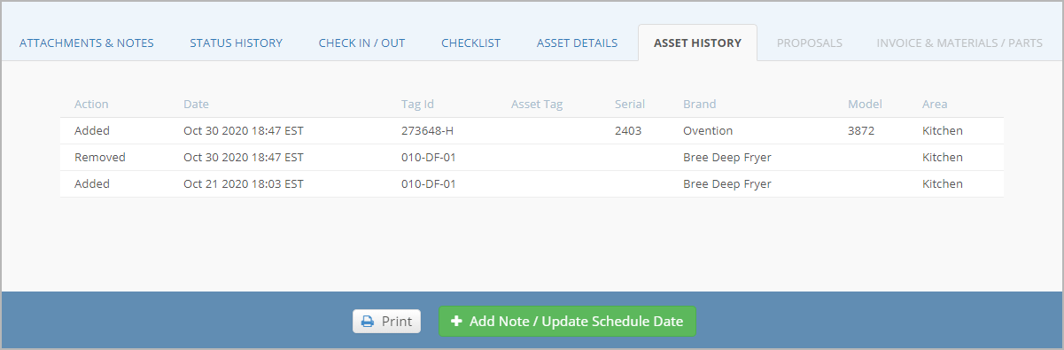 Asset History tab of the WO details page where you can view when an asset was added to the WO, edited, or removed from the WO