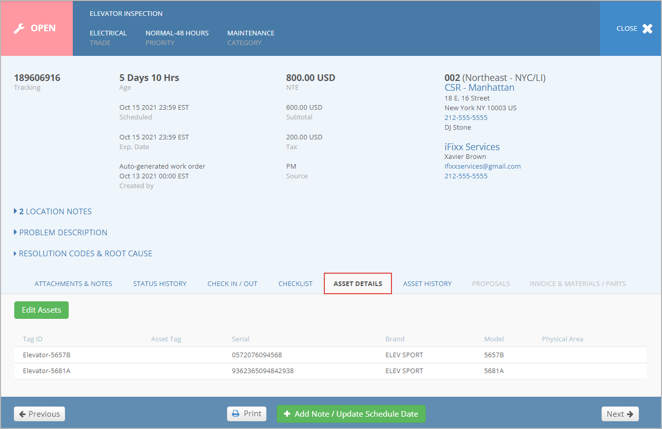 Asset Details tab on the WO details page showing all the assets associated with the WO