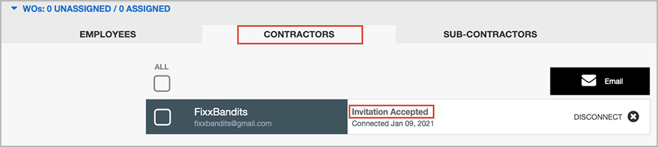 Click the Contractors tab to view the company you are now connected with.