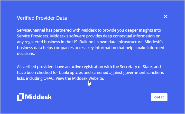 The Middesk pop-up window contains the clickable link to the Middesk website.