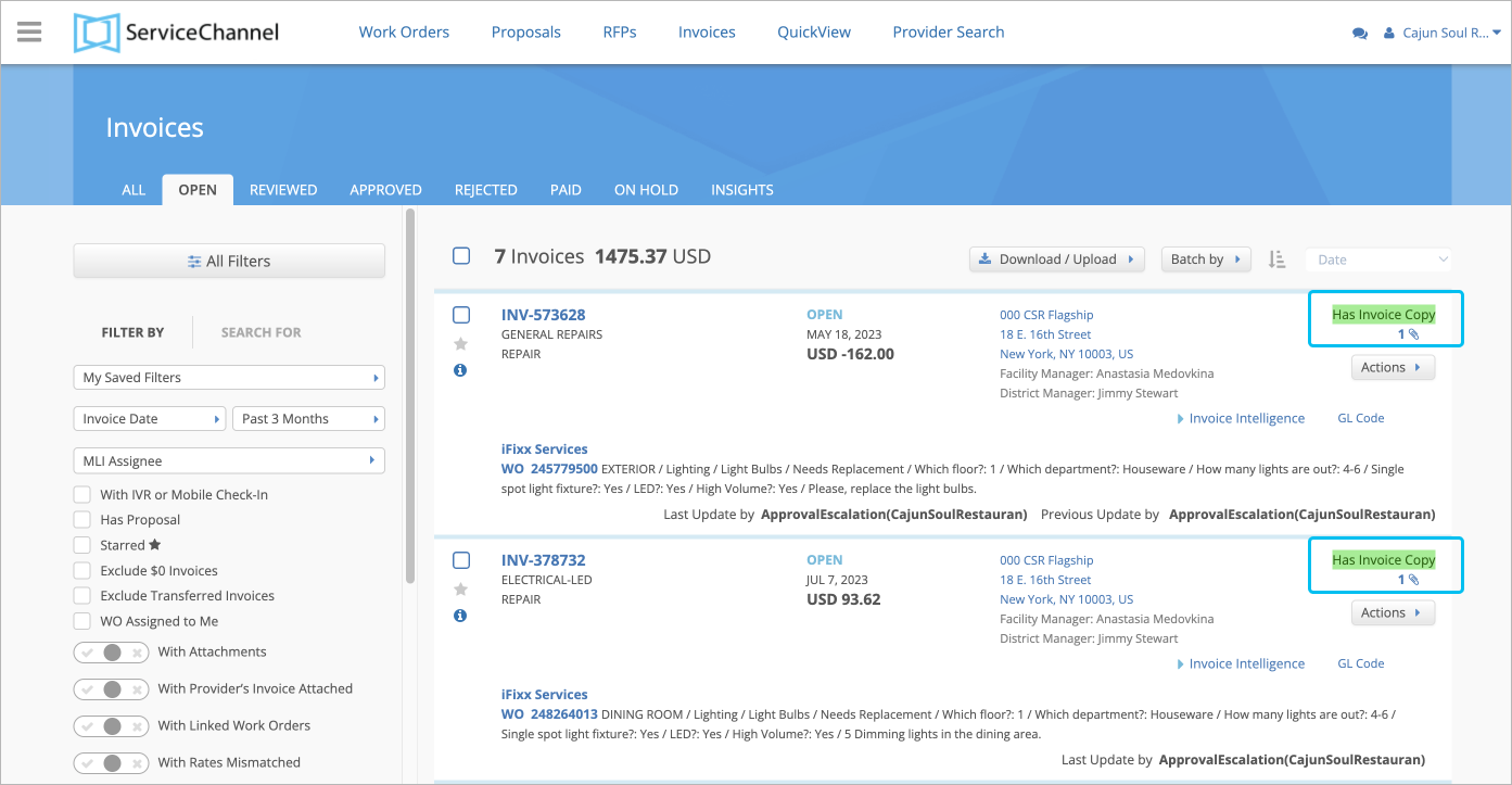 Screenshot showing provider digital invoice copies