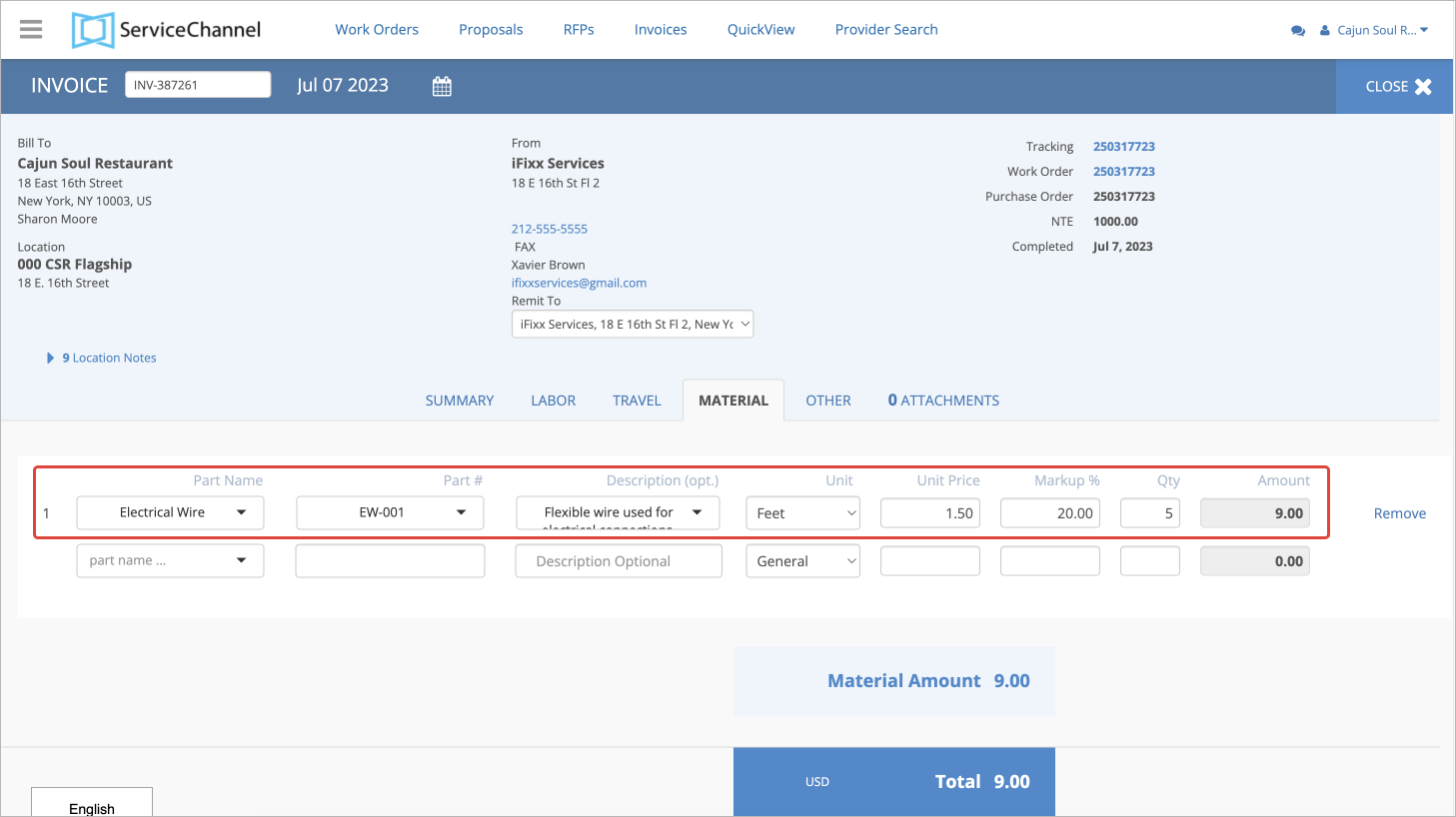 Screenshot showing the material tab with price lists