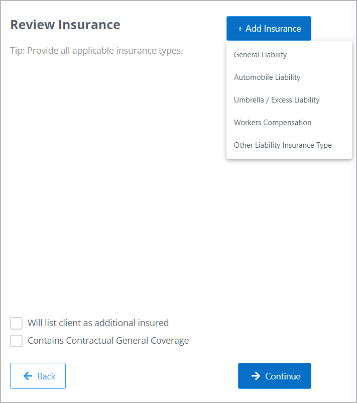 Click Add Insurance and select the Insurance type from the drop-down list