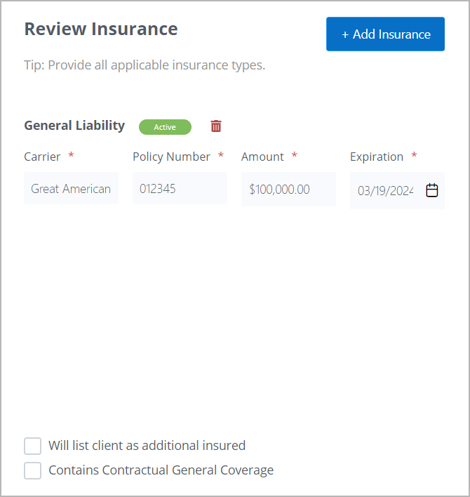 Review the Insurance you have added