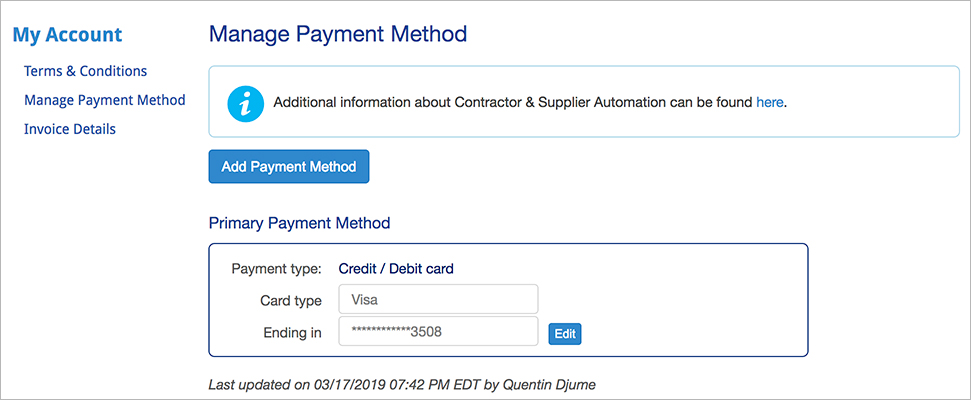 Your payment method is listed on the page as the Primary Payment Method.
