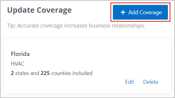 Click Add Coverage to add your service coverage