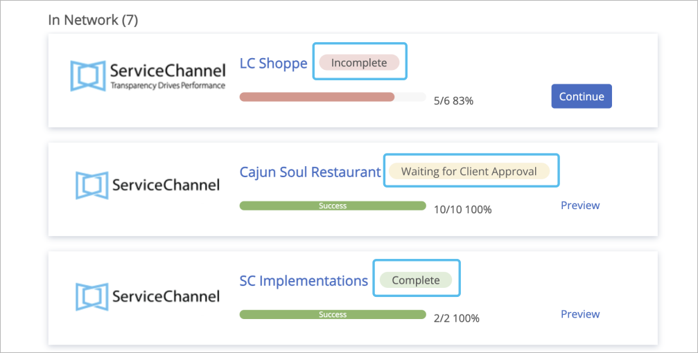 Screenshot showing completion statuses
