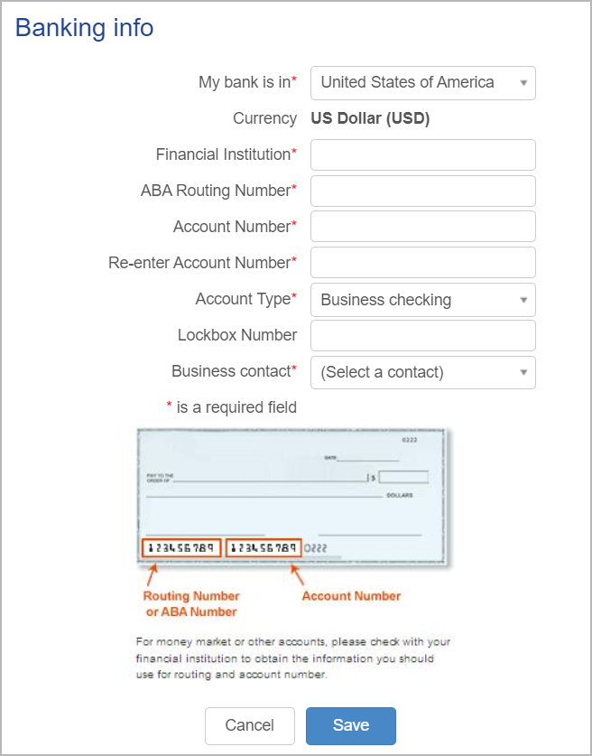 Complete the required fields on the Banking Info overlay and click Save