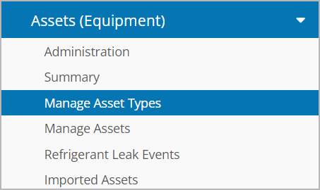 Manage Asset Types section in the hamburger menu