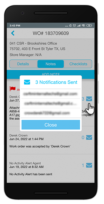 Tapping the blue envelope icon displays email addresses of the WO note recipients  