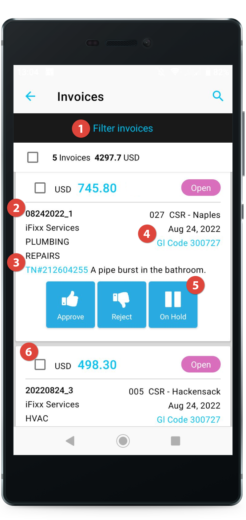 Actions you can take with invoices via Mobile