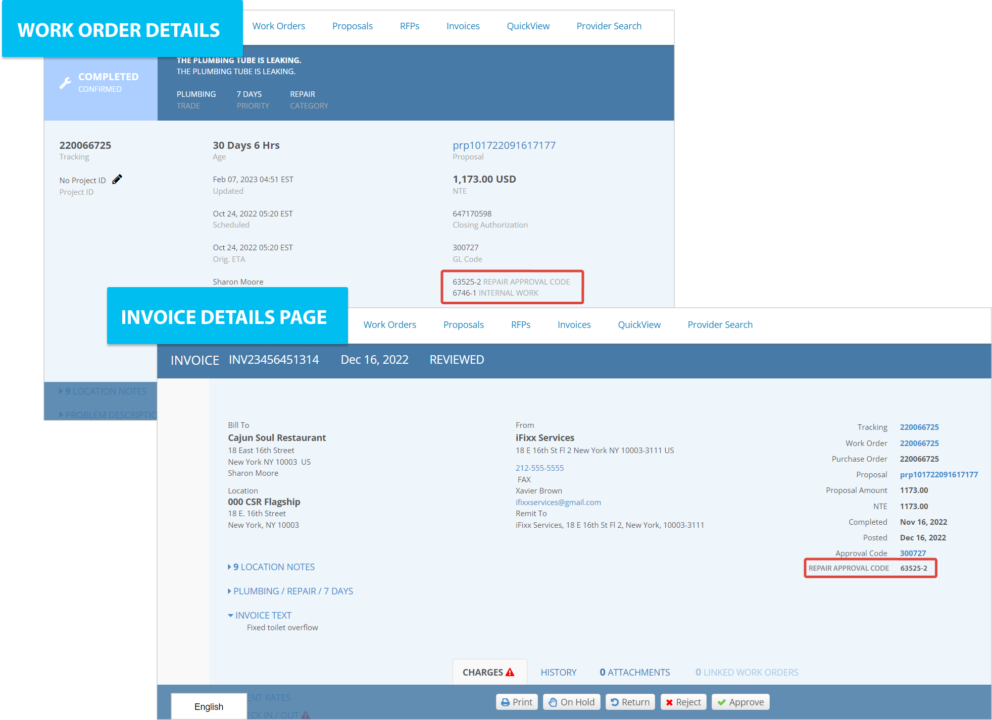Screenshot showing the place of additional approval codes on the work order and invoice details pages