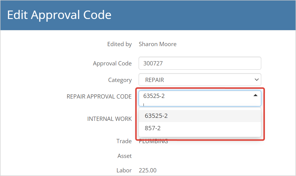 Screenshot showing the additional approval code editing