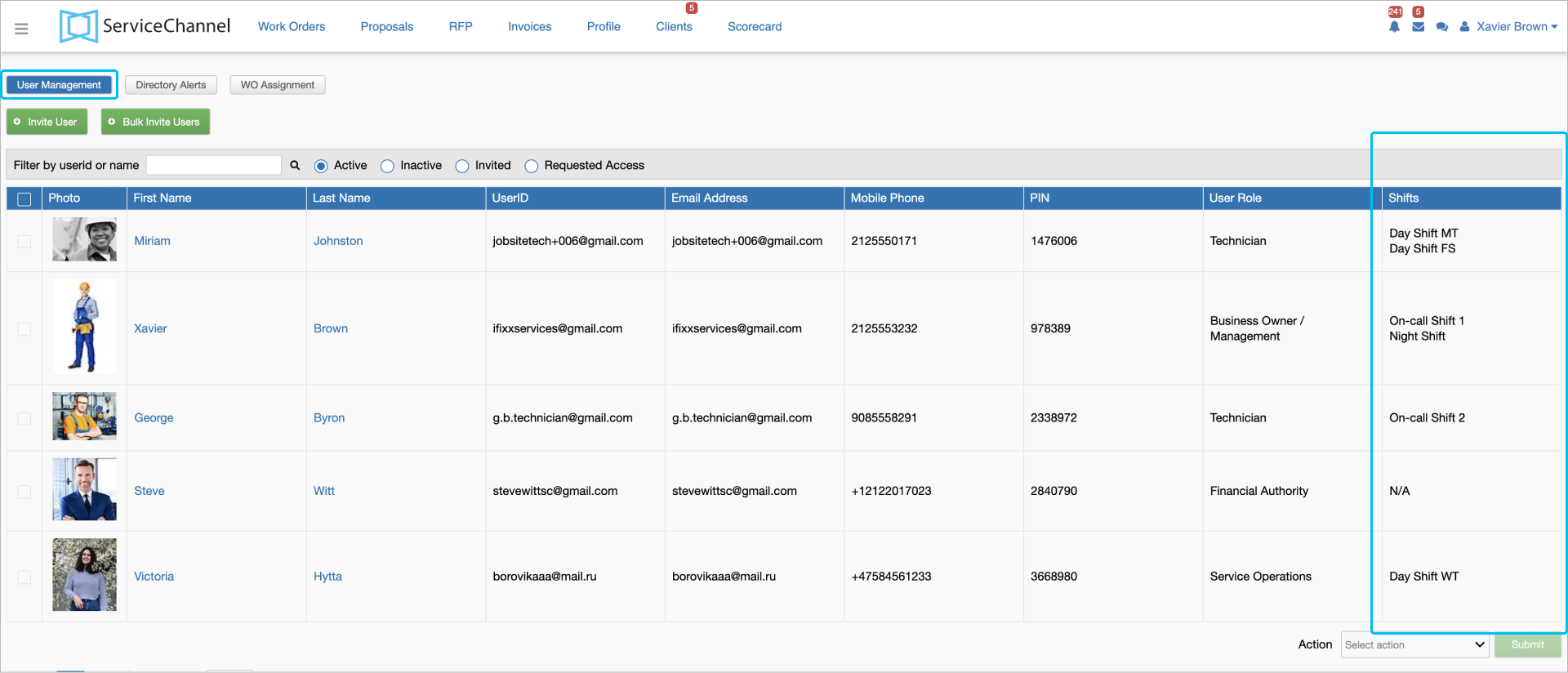 Screenshot showing how shifts display in the User Management table