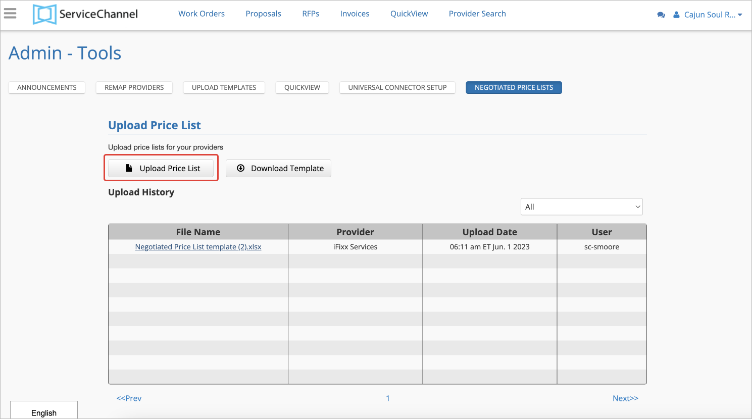 Screenshot showing the upload price list button