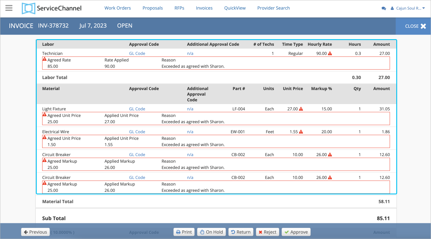 Screenshot showing invoice mismatches validated through price lists and rate card