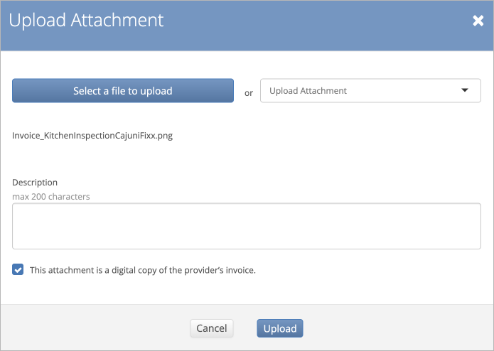 Screenshot showing the upload attachment window