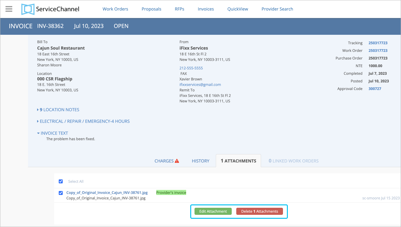 Screenshot showing the invoice details page
