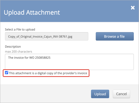 Screenshot showing the upload attachment checkbox