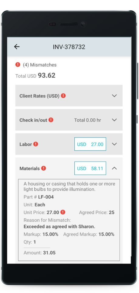 Screenshot showing invoice details on Mobile