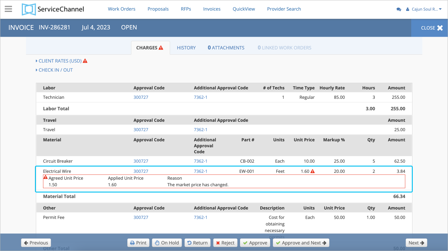 Screenshot showing mismatches on the invoice details page