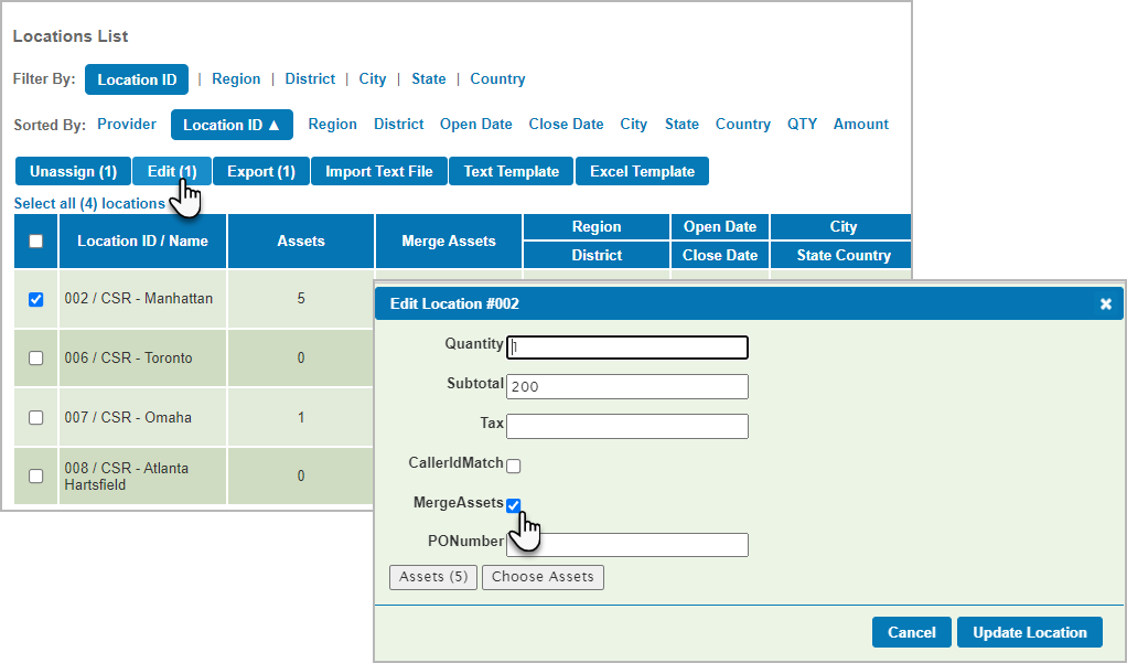 Activating the Merge Assets checkbox via the overlay for editing the PM location information