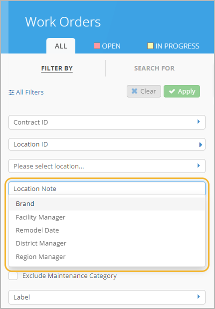 WO filters panel showing how you can filter WOs by location notes