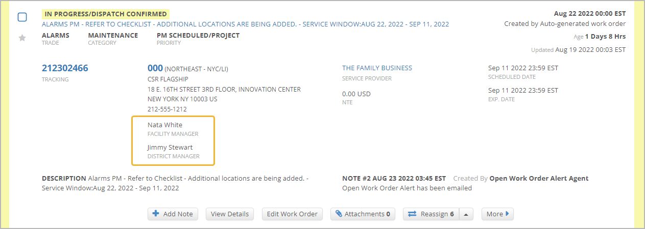 Location Notes on the work order in the list view