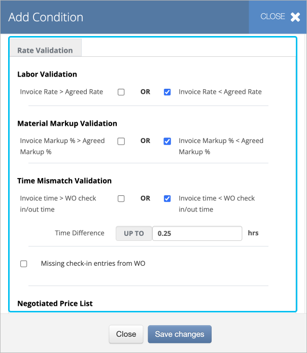 Screenshot showing the rate validation section