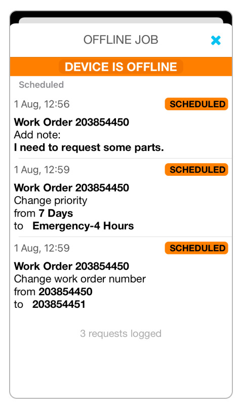 Offline Job screen shows activities that are scheduled to be synced with ServiceChannel