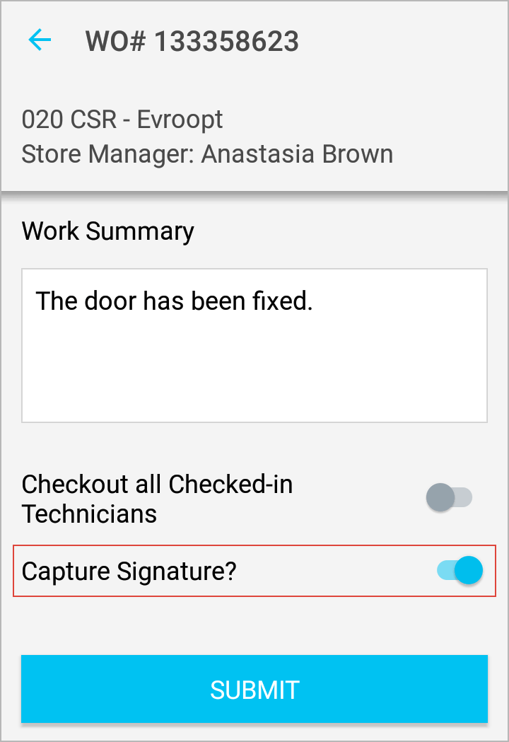Capture Signature toggle set to Yes on the check-out screen of SC Provider