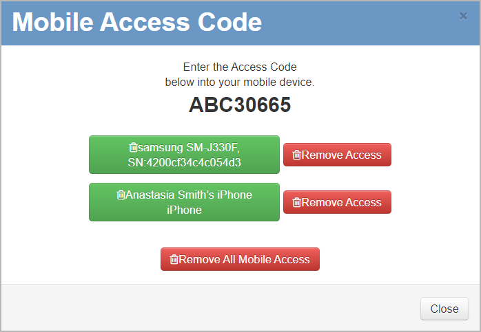 Overlay where you can disable the generated mobile access code for devices