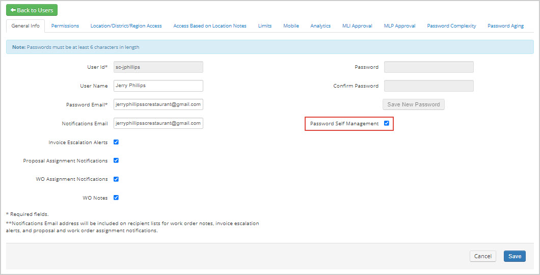 Enabling the Password Self Management checkbox on the user details page