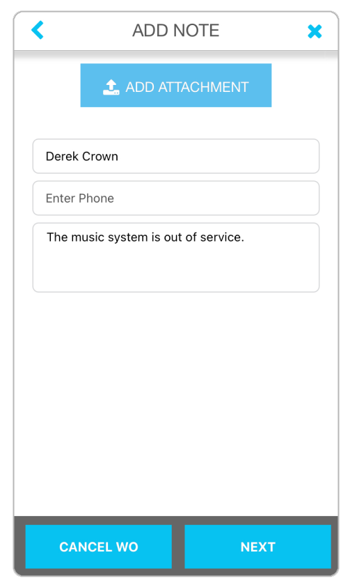 Screen for adding a note, attachment, and phone number