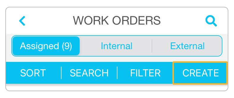Create button on the work orders screen allows techs to create a new work order