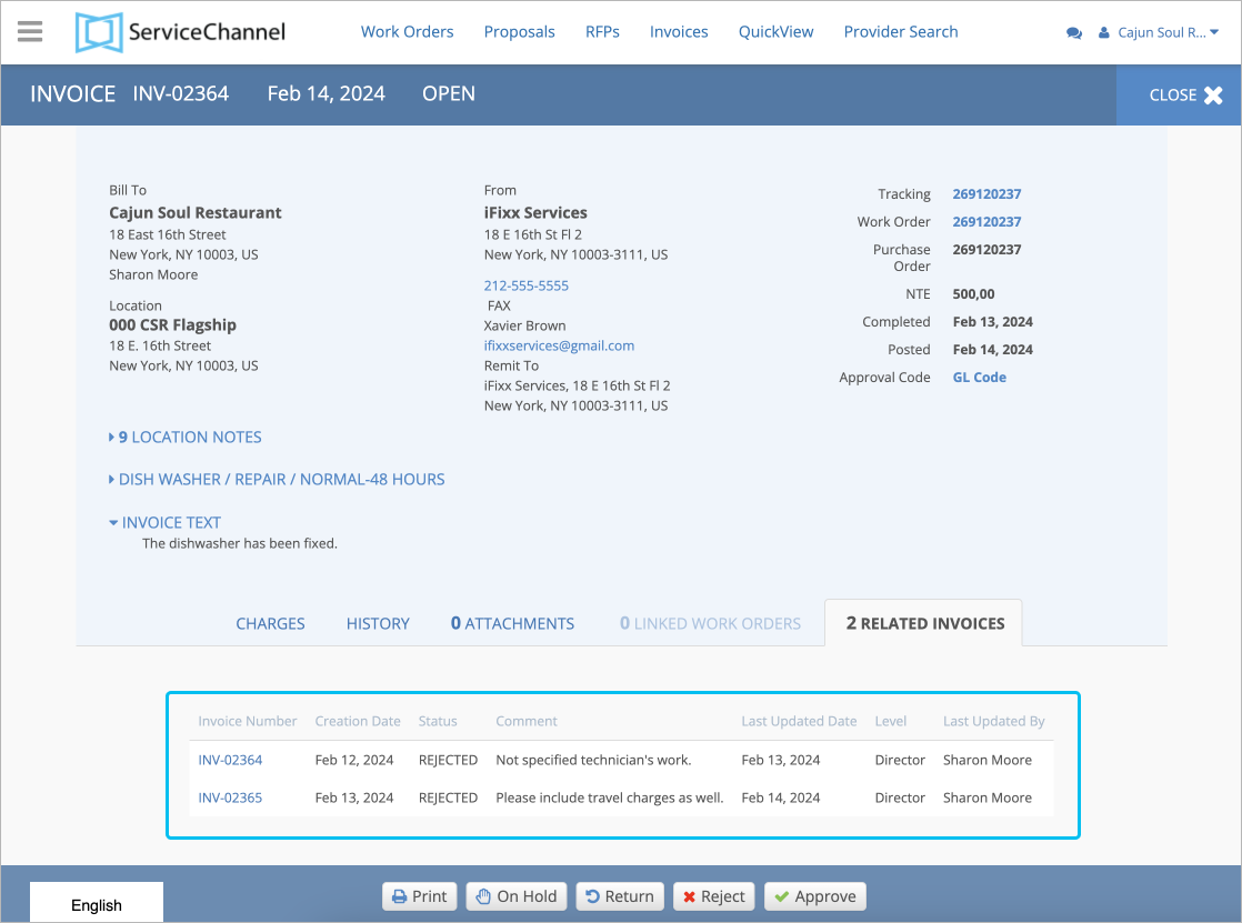 Screenshot showing the related invoices tab