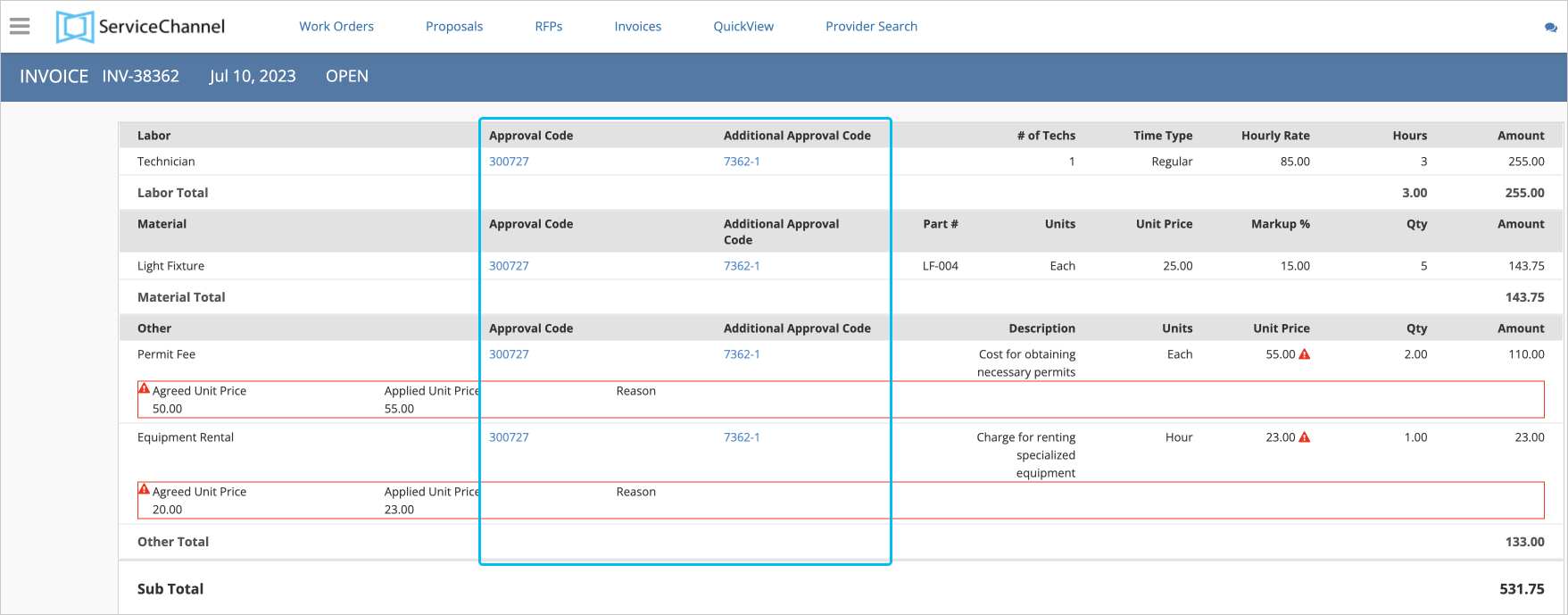 Screenshot showing the GL and additional approval codes