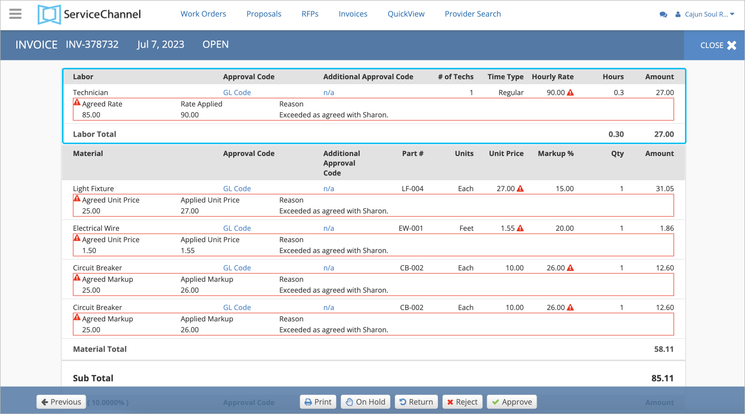 Screenshot showing labor charges