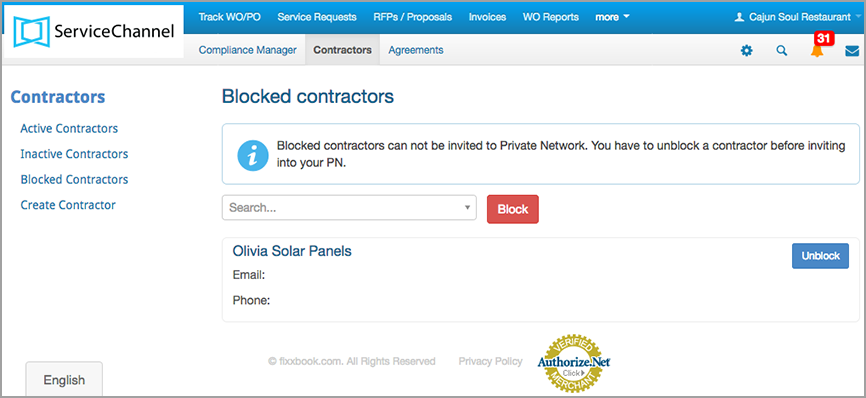 Blocked contractors page
