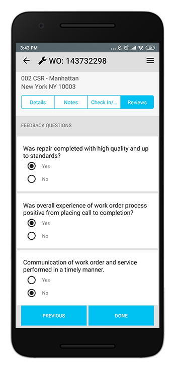 Providing answers to additional questions upon reviewing a work order in SC Mobile